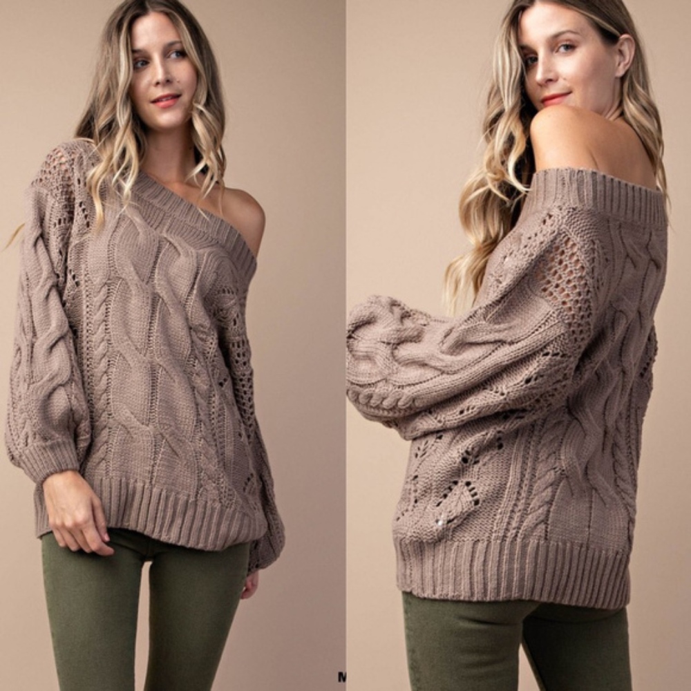 NWT Cozy Mocha Cable Knit off shoulder Sweater Top